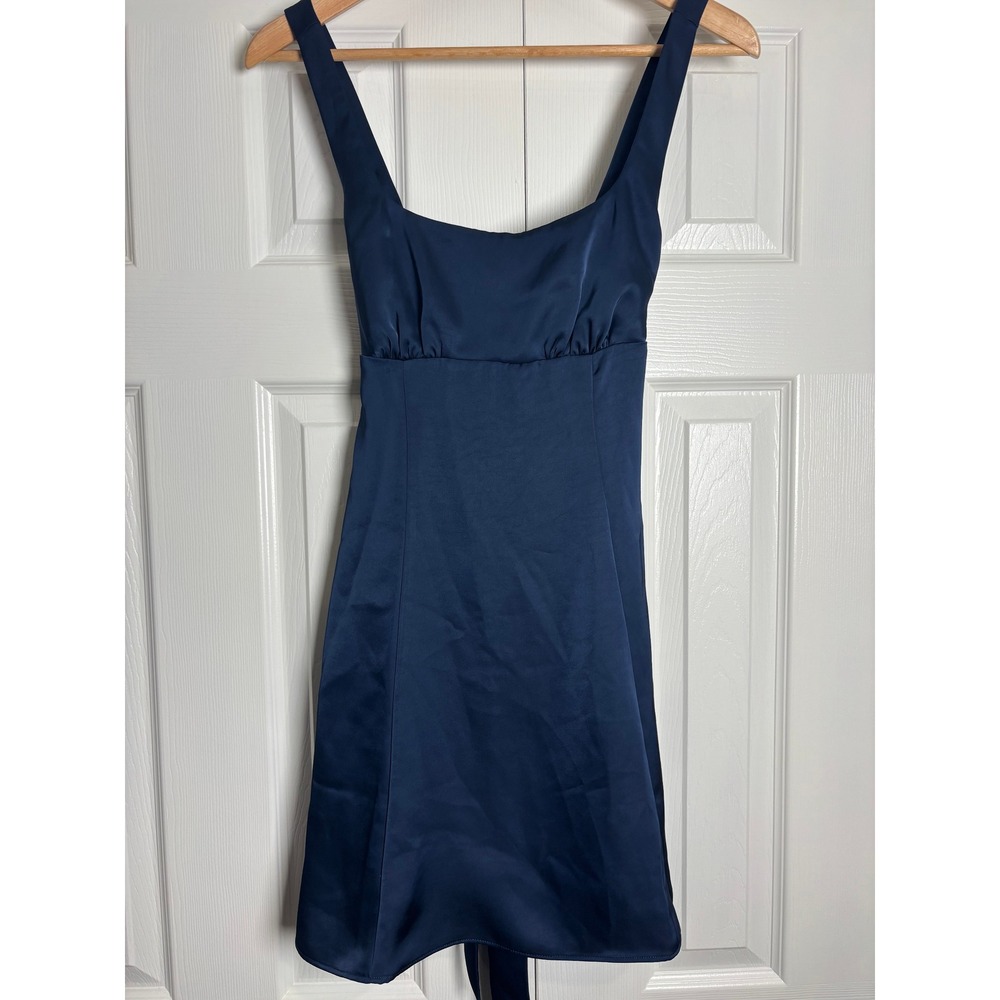 Abound Navy Blue Satin Mini Dress Square Neck Tie Back XS